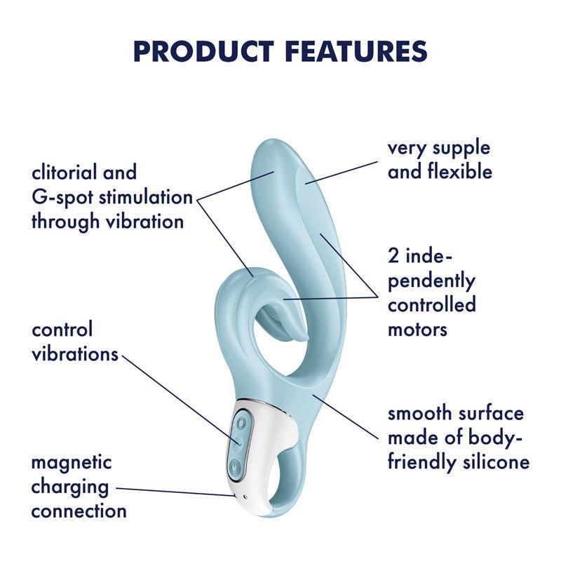 Satisfyer - love me - rabbit vibrator - blue- Product side view, with specifications  | Flirtybay.com.au
